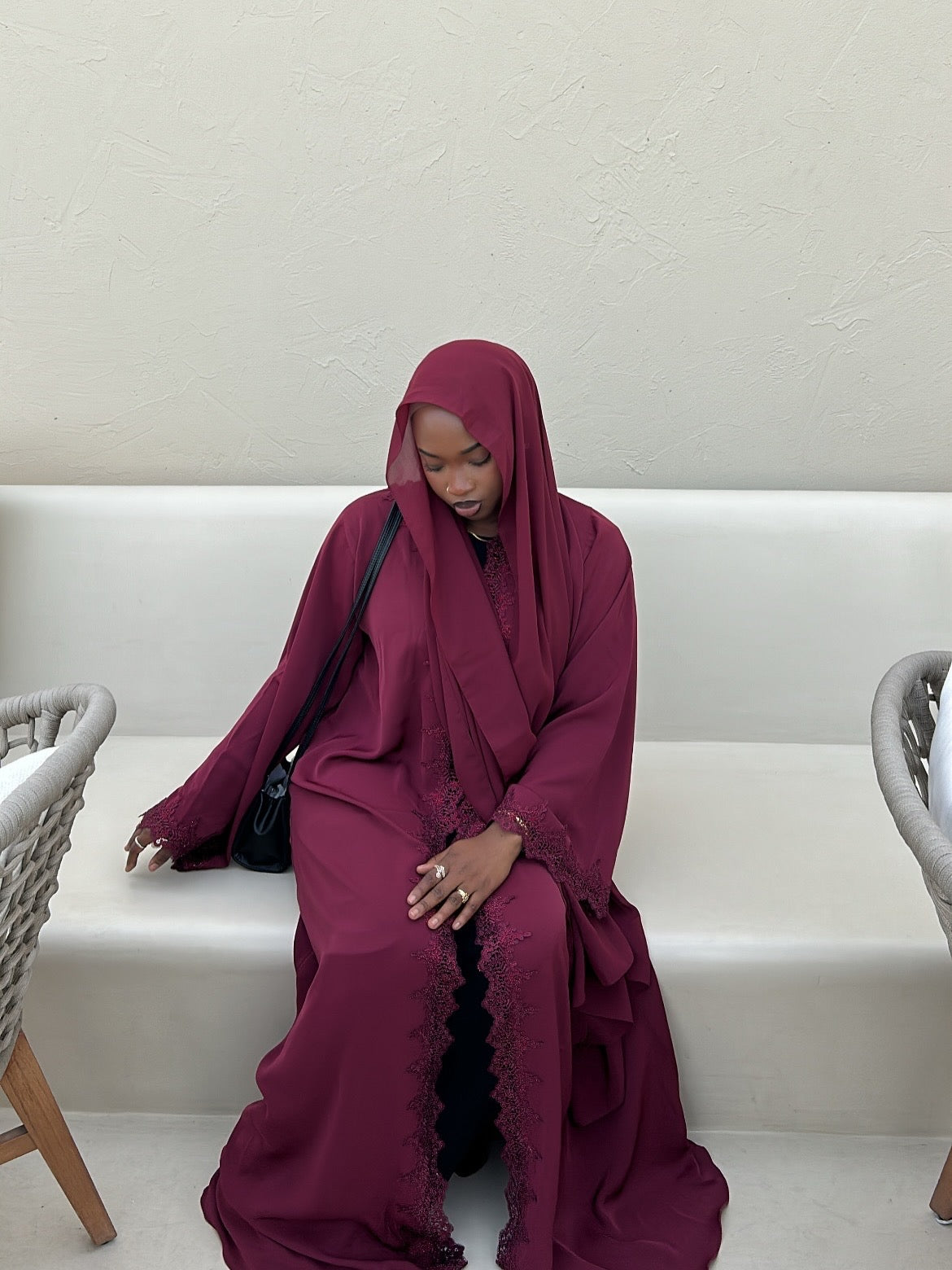 Dark maroon lace abaya