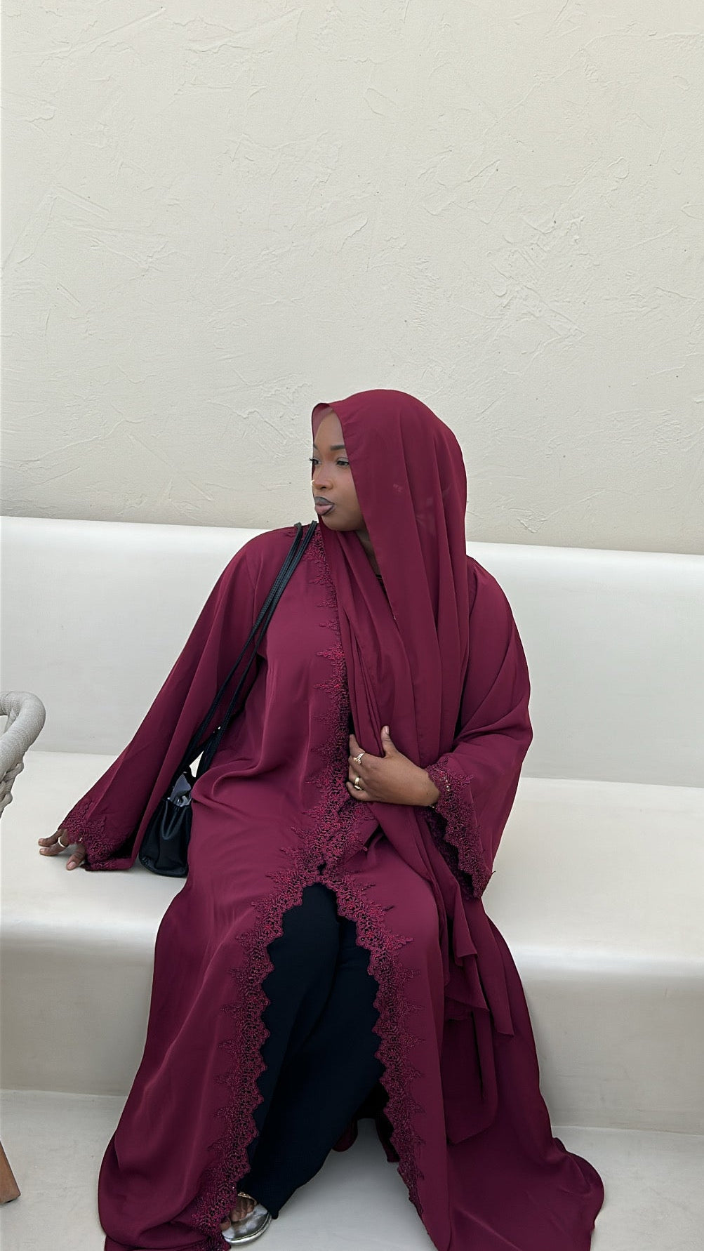 Dark maroon lace abaya