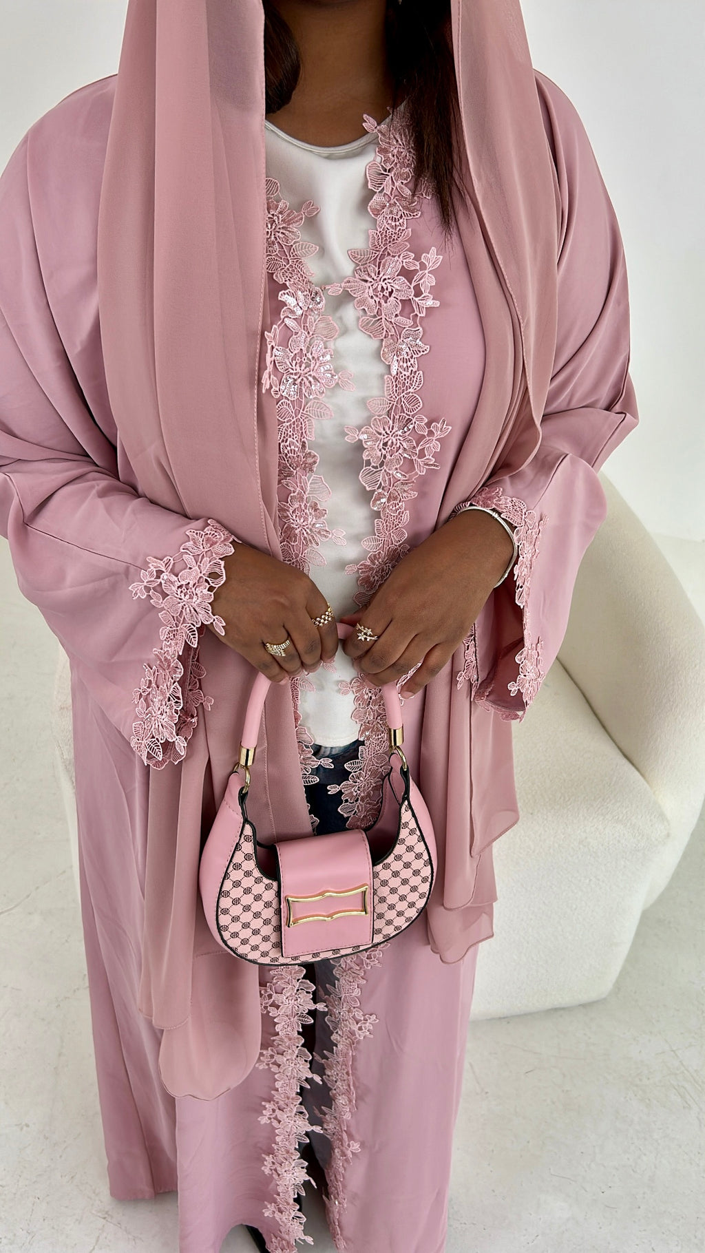 Amira soft pink lace abaya
