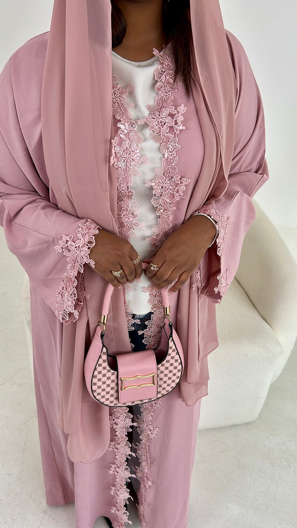 Amira soft pink lace abaya